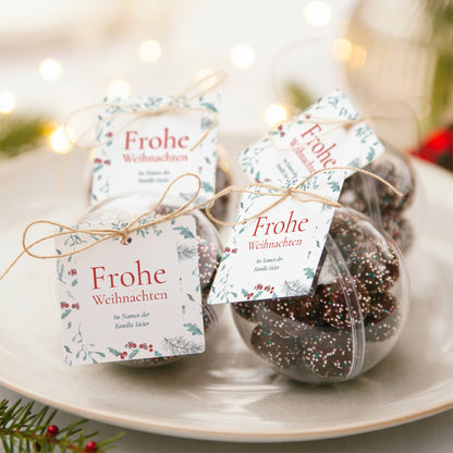 Geschenkbox Weihnachten Kugel mit quadratischem Etikett Eichenblätter foto N° 2