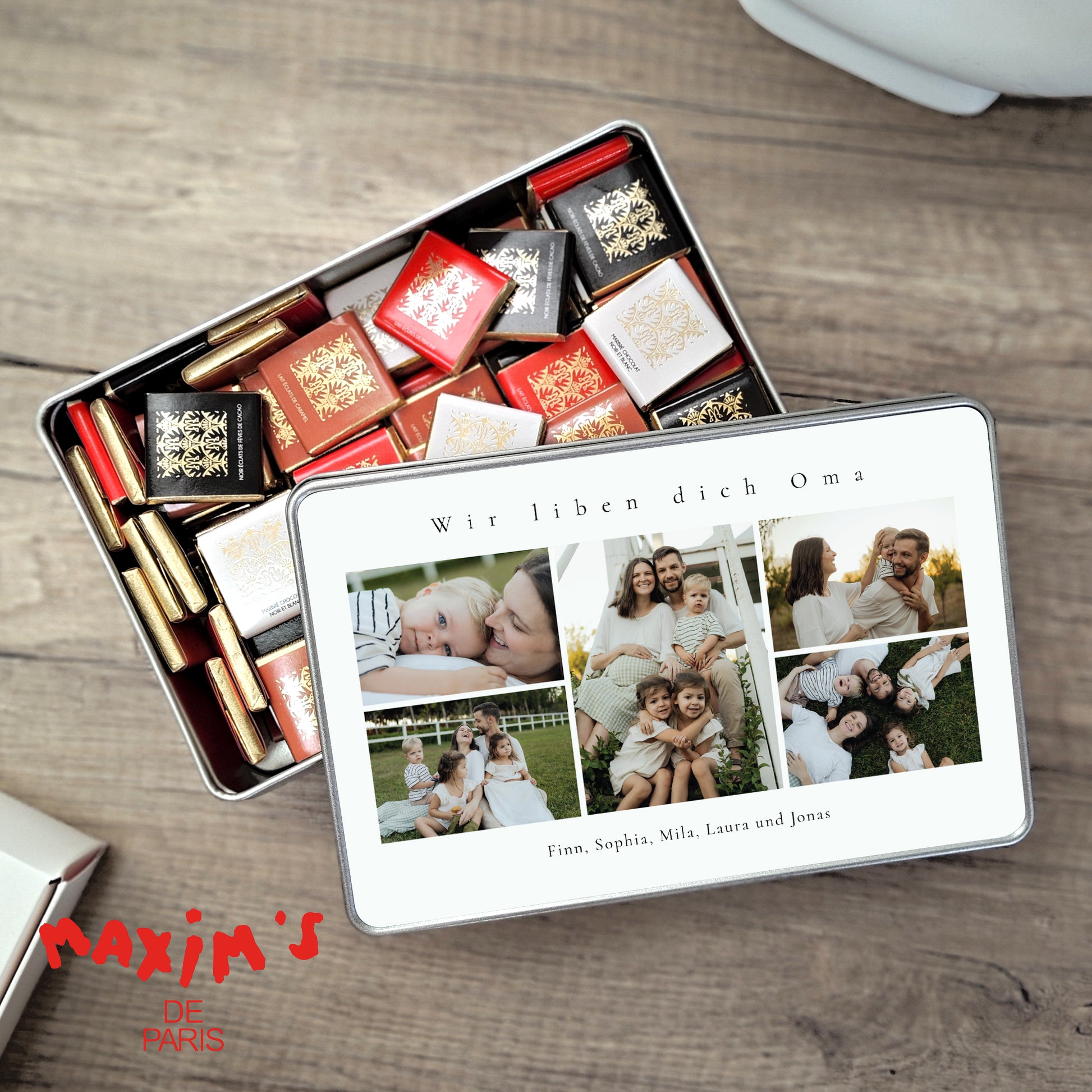 Metalldose Objekte rechteck, mit Schokolade gefüllt Wertvolle Momente in Fotos foto N° 1