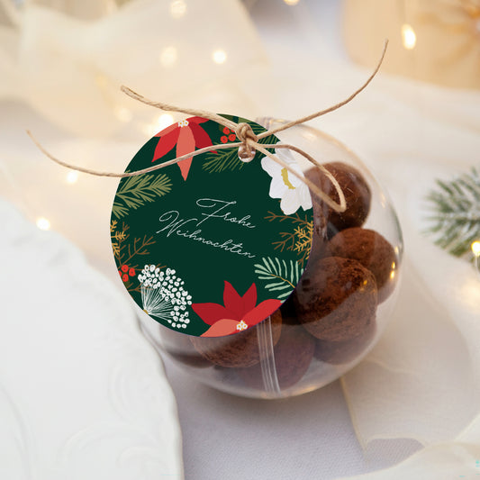 Geschenkbox Weihnachten Kugel mit runder Etikette Weihnachtskranz foto