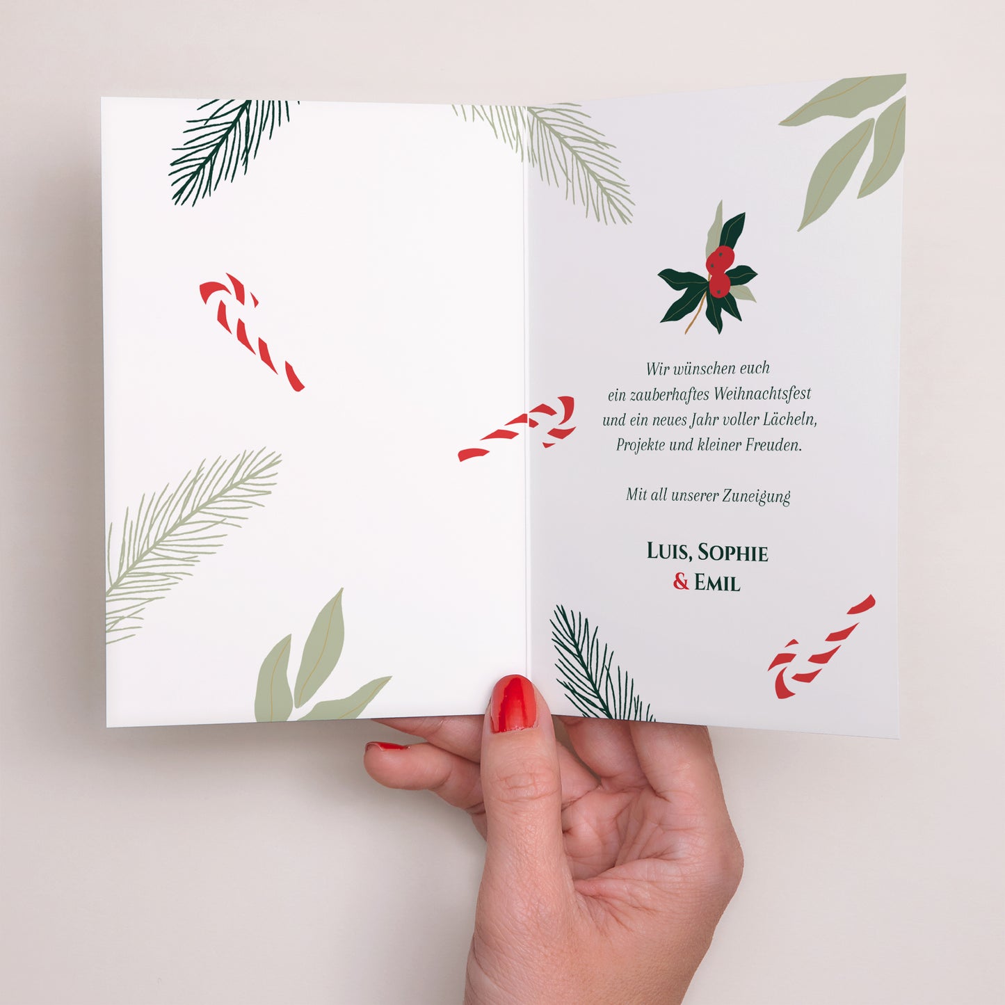 Weihnachtskarte Weihnachten Doppelter Porträtflügel Ilex & Zuckerstange foto N° 2