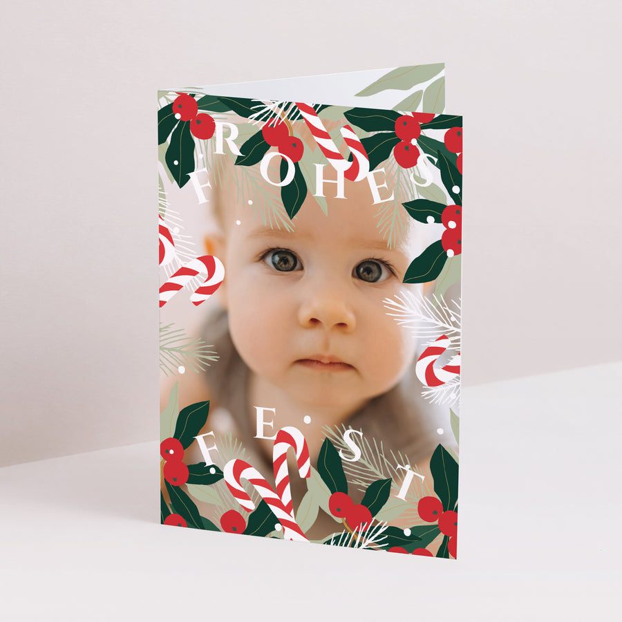 Weihnachtskarte Weihnachten Doppelter Porträtflügel Ilex & Zuckerstange foto