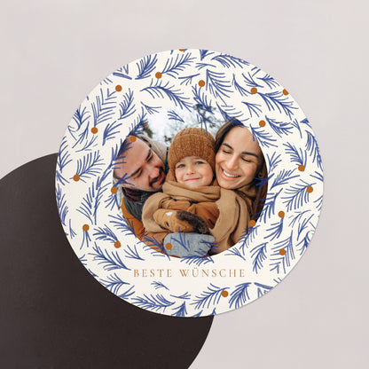 Weihnachtskarte Weihnachten Set von 8, magnetisch, rund, Ø 10 cm Blauer Tannenzapfen foto N° 1