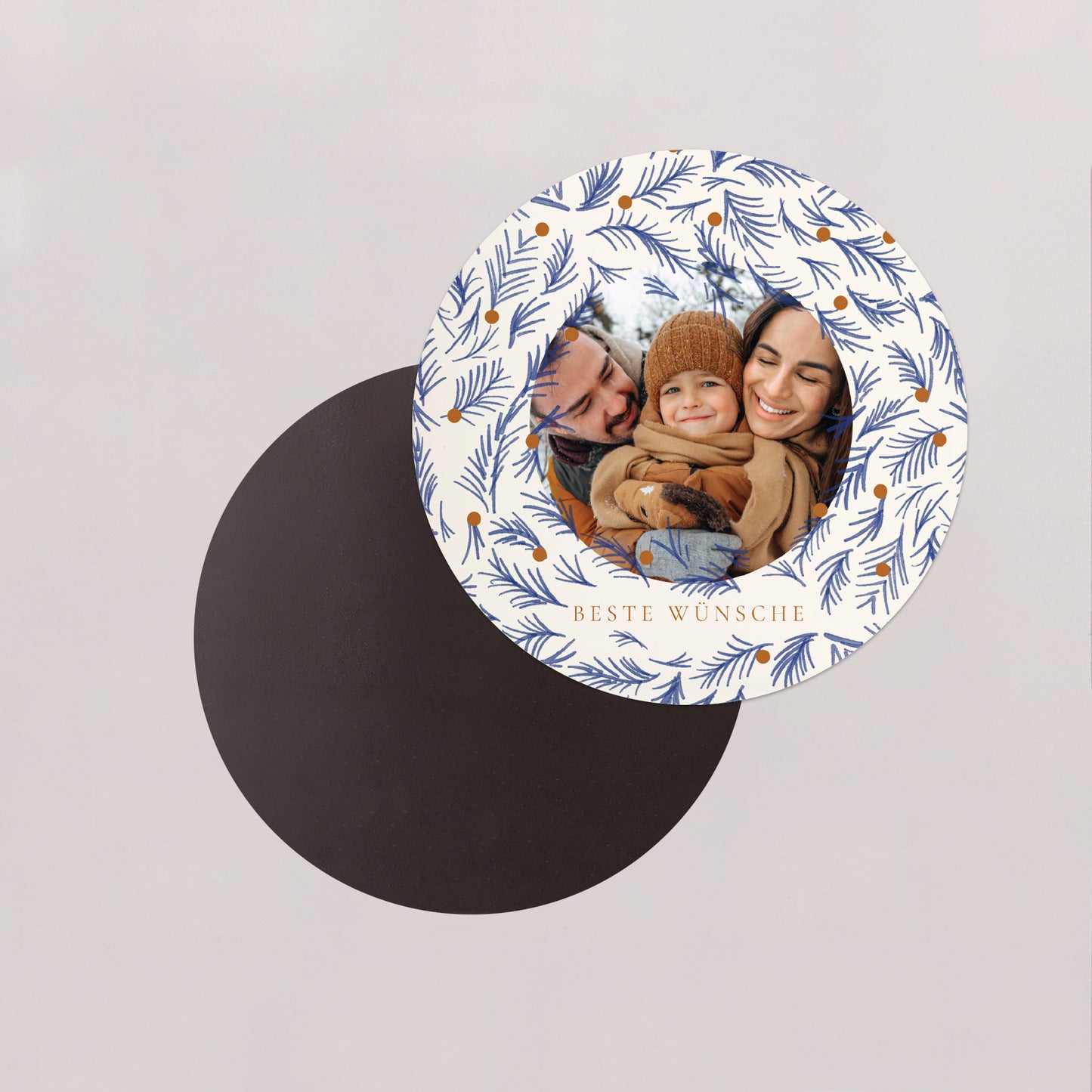 Weihnachtskarte Weihnachten Set von 8, magnetisch, rund, Ø 10 cm Blauer Tannenzapfen foto N° 2