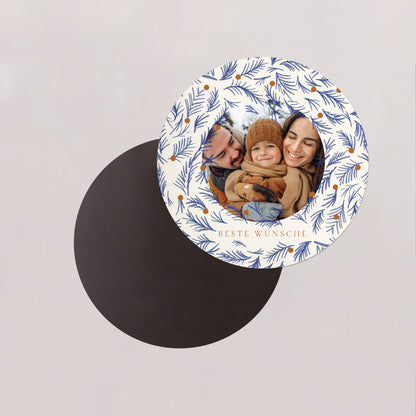 Weihnachtskarte Weihnachten Set von 8, magnetisch, rund, Ø 10 cm Blauer Tannenzapfen foto N° 2