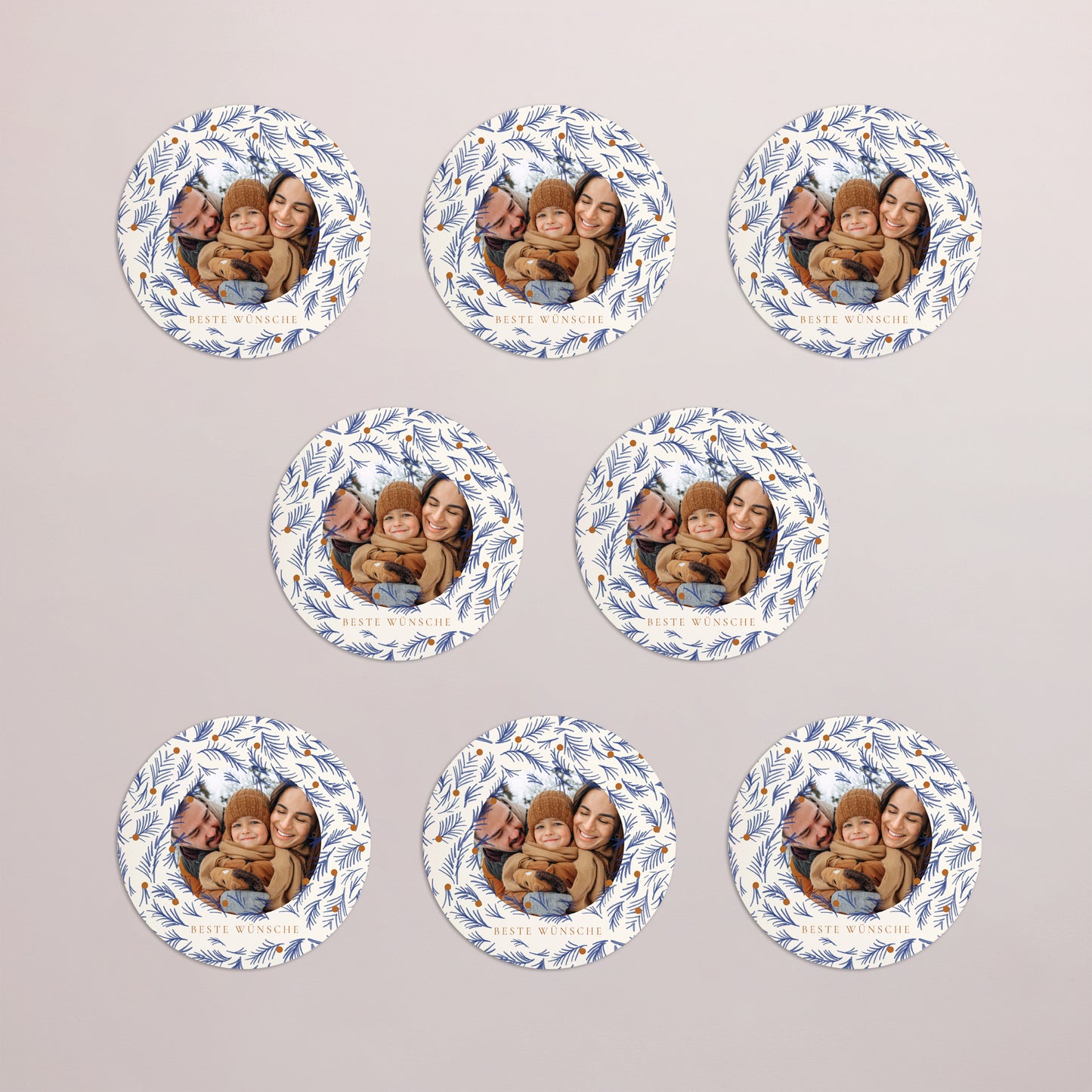Weihnachtskarte Weihnachten Set von 8, magnetisch, rund, Ø 10 cm Blauer Tannenzapfen foto N° 3