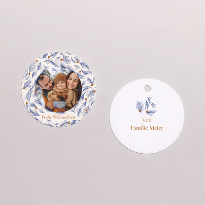 Geschenkbox Weihnachten Kugel mit runder Etikette Blauer Tannenzapfen foto N° 3