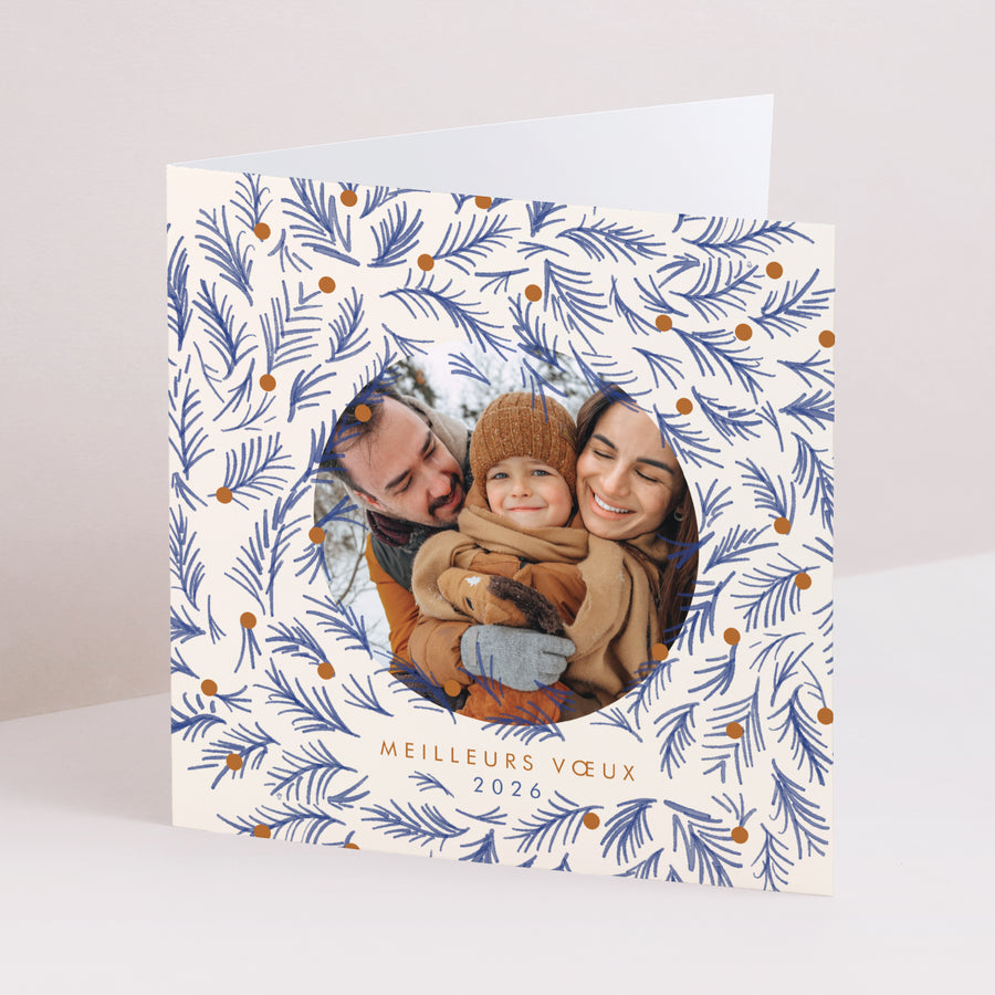 Weihnachtskarte Weihnachten Doppelflügelfenster Blauer Tannenzapfen foto