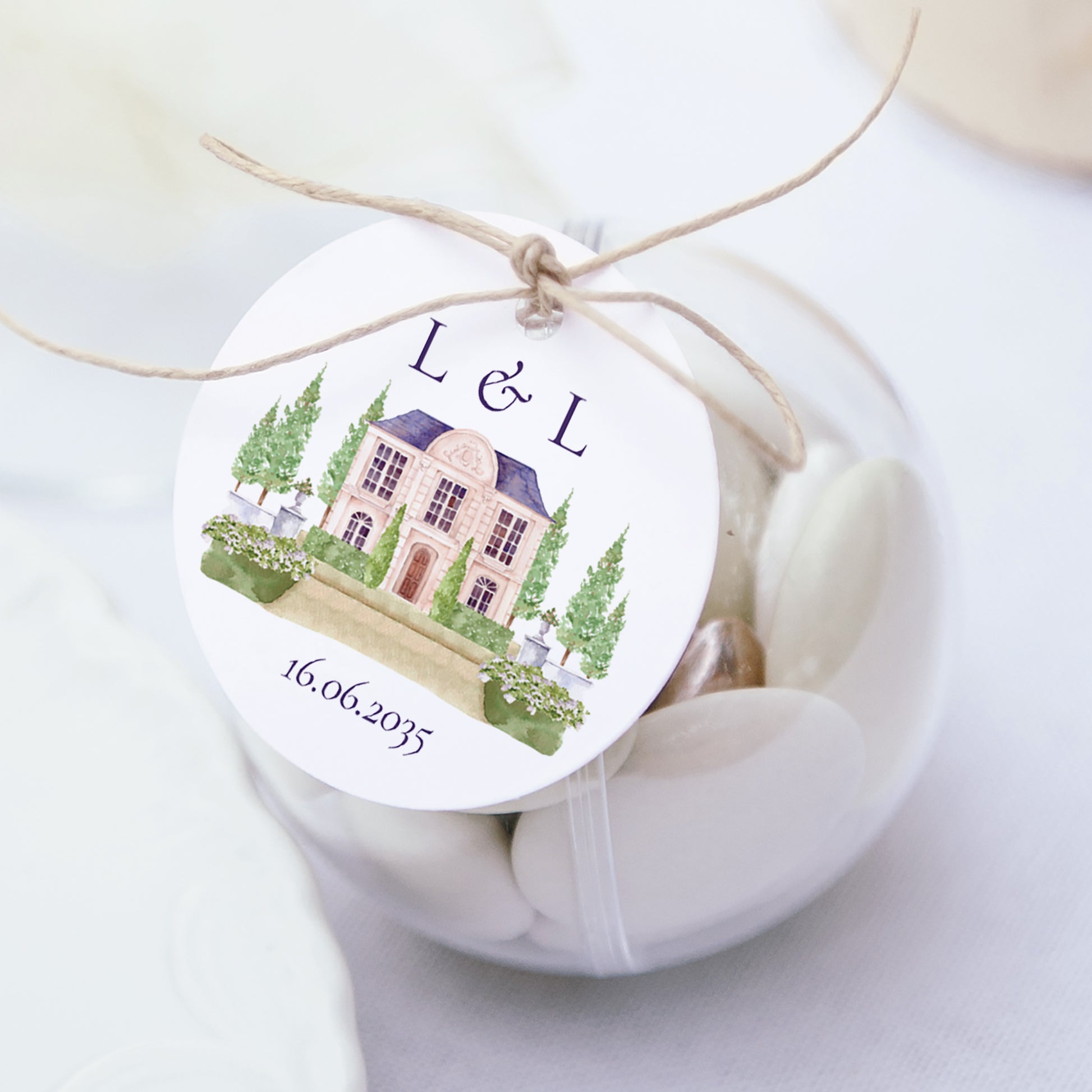 Geschenkbox Hochzeit Kugel mit runder Etikette Das Reich unserer Herzen foto N° 1