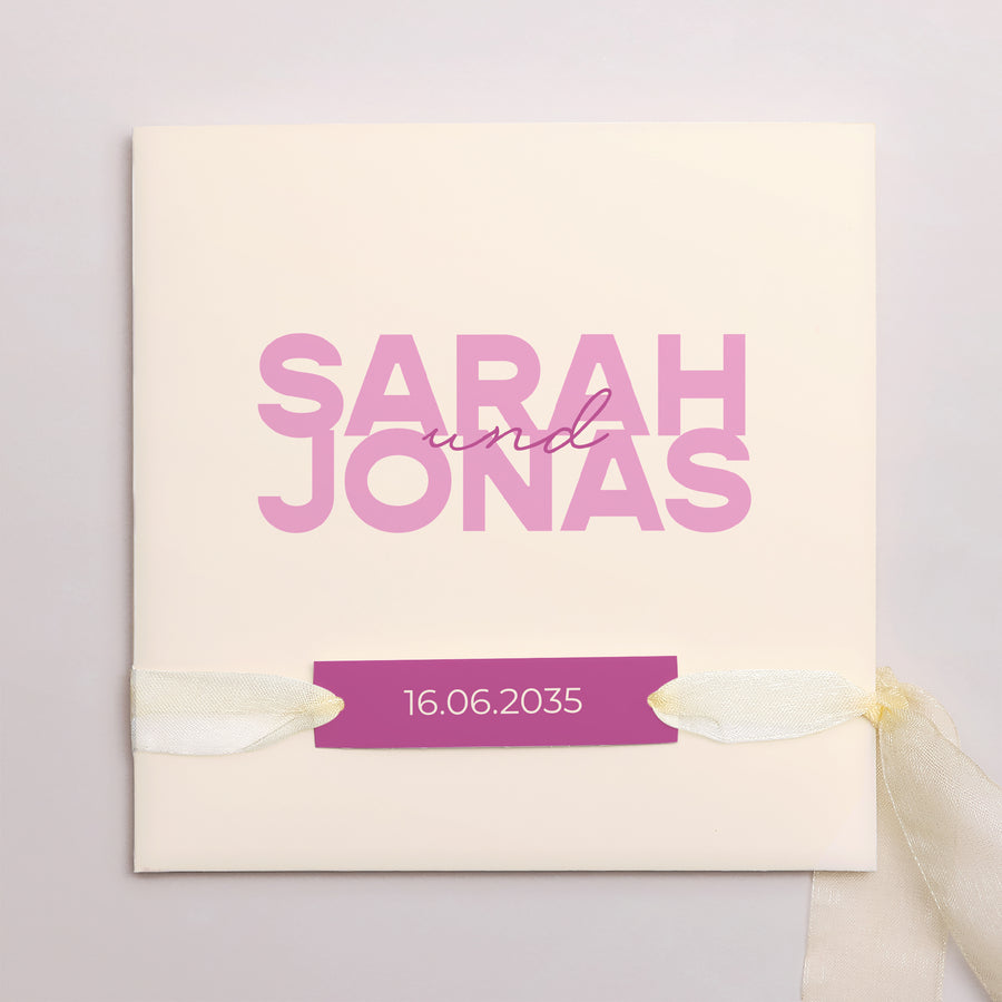 Hochzeitseinladung Quadratische Hülle, 3 Karten, Etikett Farb Stimmung foto