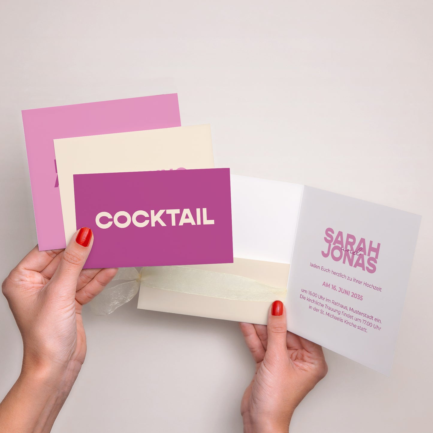 Hochzeitseinladung Quadratische Hülle, 3 Karten, Etikett Farb Stimmung foto N° 3