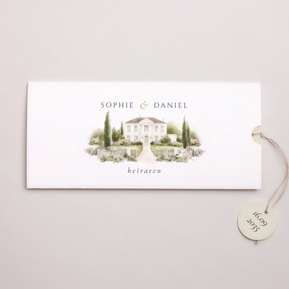 Hochzeitseinladung Mappe 2 Karten, Etikett Das Etui des Domaine foto N° 1