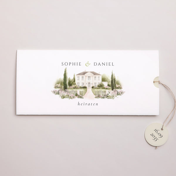 Hochzeitseinladung Mappe 2 Karten, Etikett Das Etui des Domaine foto