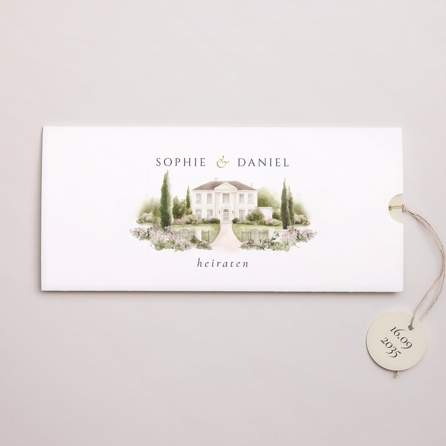 Hochzeitseinladung Mappe 2 Karten, Etikett Das Etui des Domaine foto