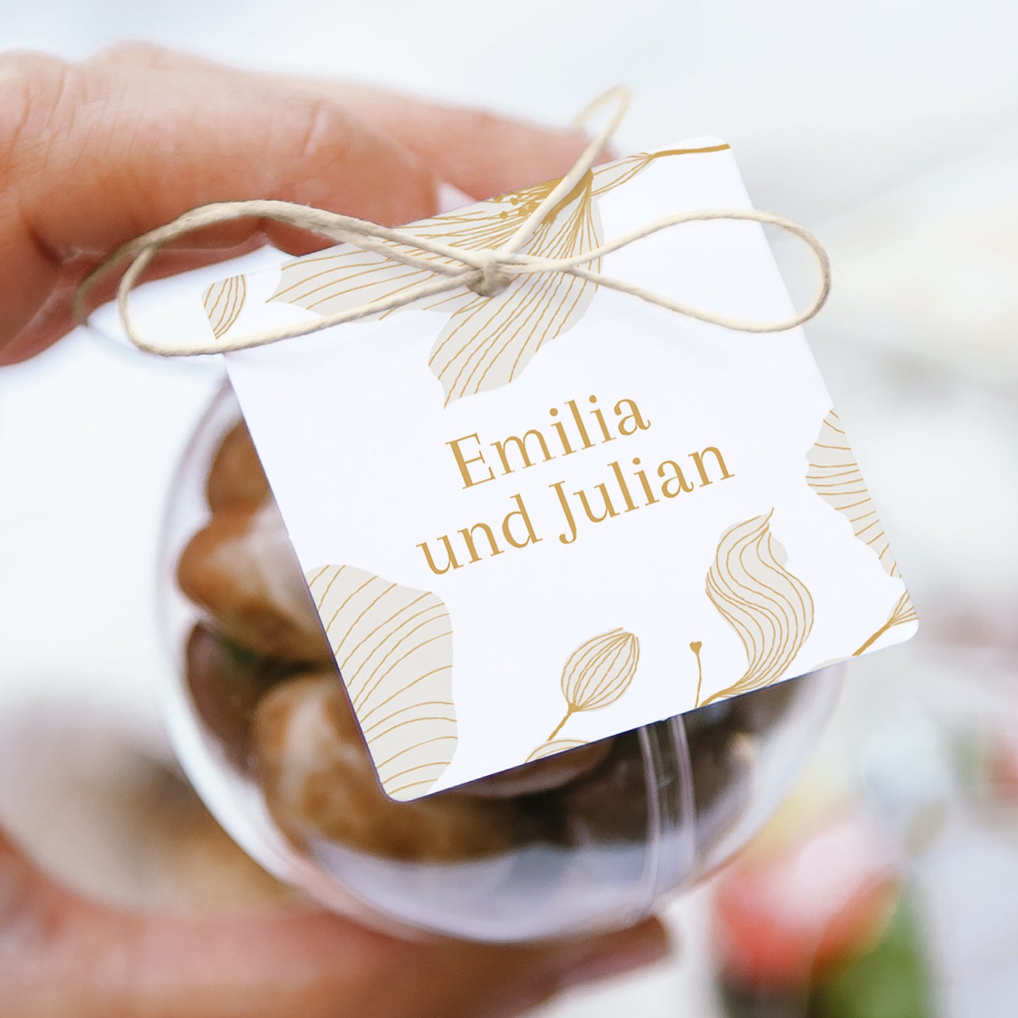 Geschenkbox Hochzeit Kugel mit quadratischem Etikett Linea Botanica foto N° 1