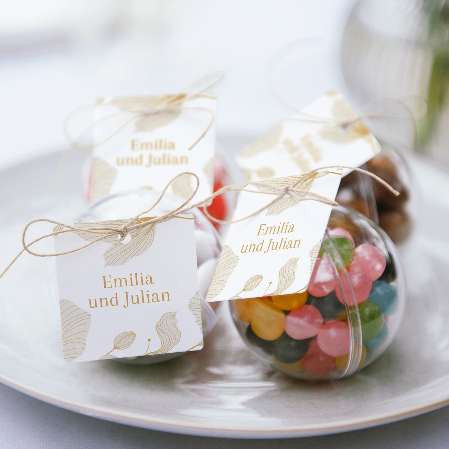 Geschenkbox Hochzeit Kugel mit quadratischem Etikett Linea Botanica foto N° 2