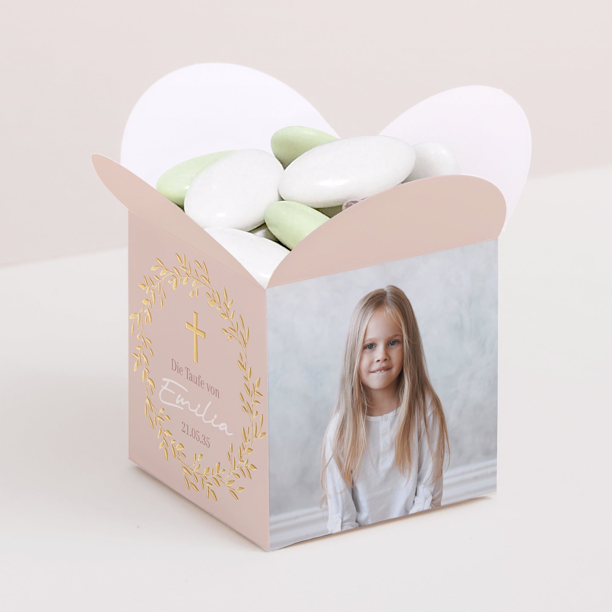 Geschenkbox Taufe Schmetterlingsöffnung Krone der süßen Rose foto N° 1