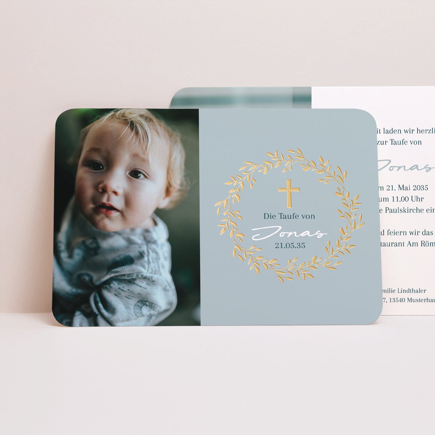 Taufeinladung Landschaft, abgerundete Ränder Blaue Zartheitkrone foto N° 1