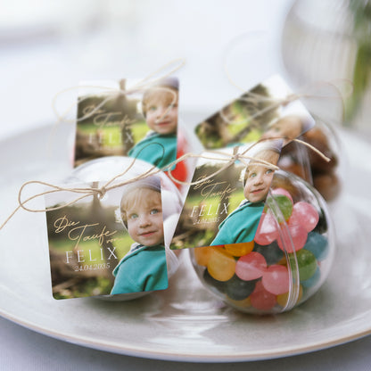 Geschenkbox Taufe Kugel mit quadratischem Etikett Ein kostbarer Moment foto N° 2