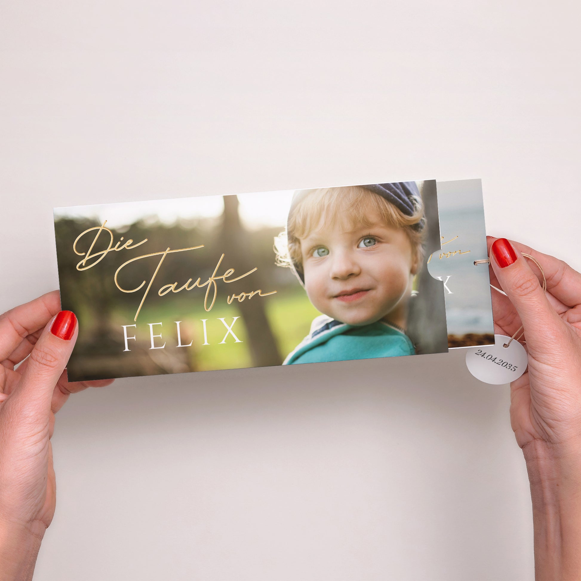 Taufeinladung Mappe 2 Karten, Etikett Ein kostbarer Moment foto N° 2