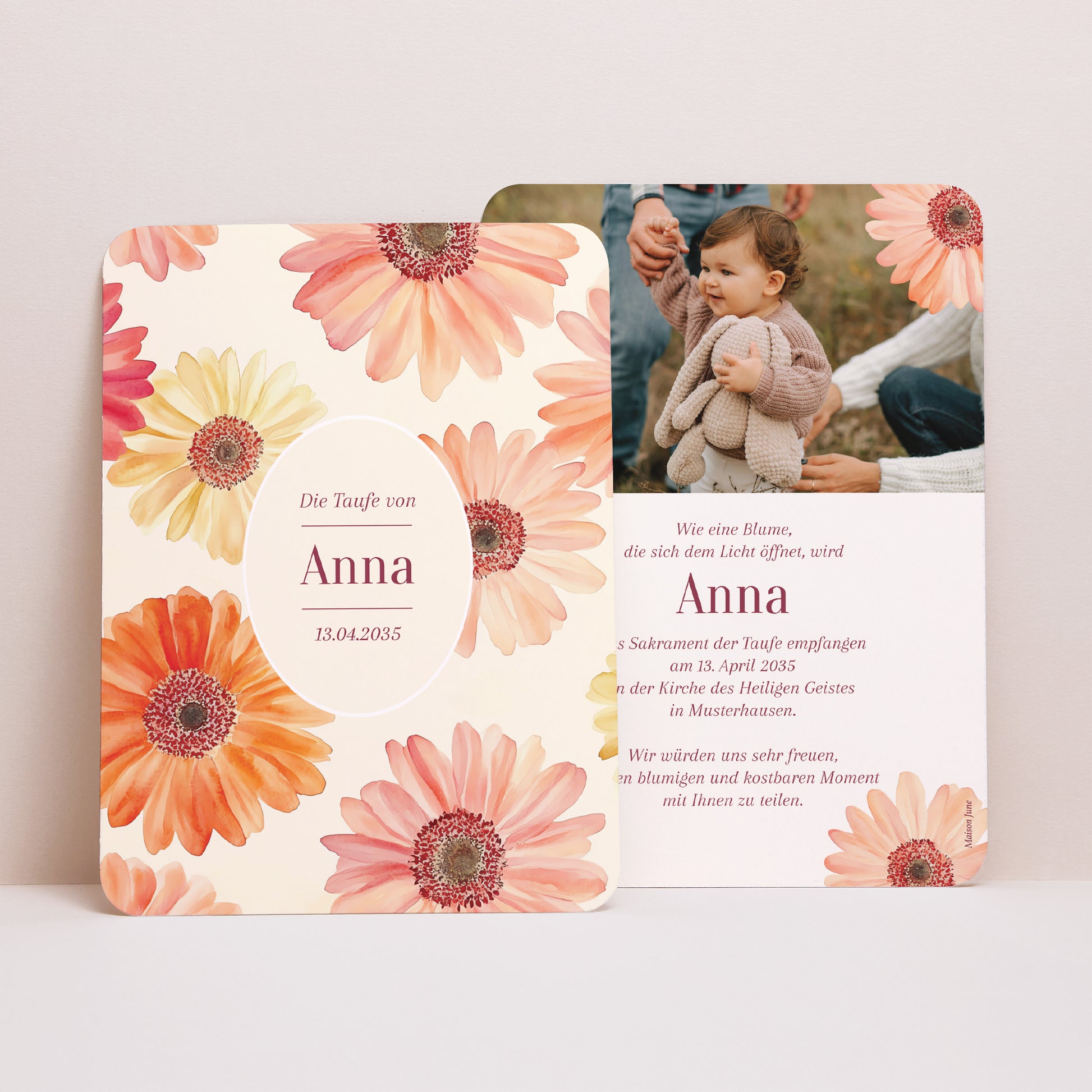 Taufeinladung Porträt, abgerundete Kanten Lichtblumen foto N° 1