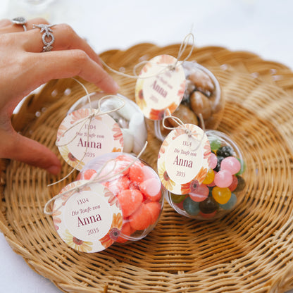 Geschenkbox Taufe Kugel mit runder Etikette Lichtblumen foto N° 2