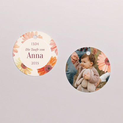 Geschenkbox Taufe Kugel mit runder Etikette Lichtblumen foto N° 3