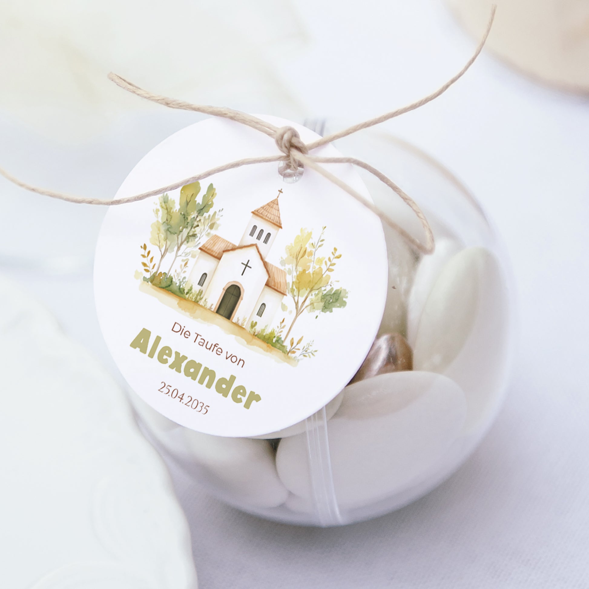 Geschenkbox Taufe Kugel mit runder Etikette Ein Gesegneter Tag foto N° 1