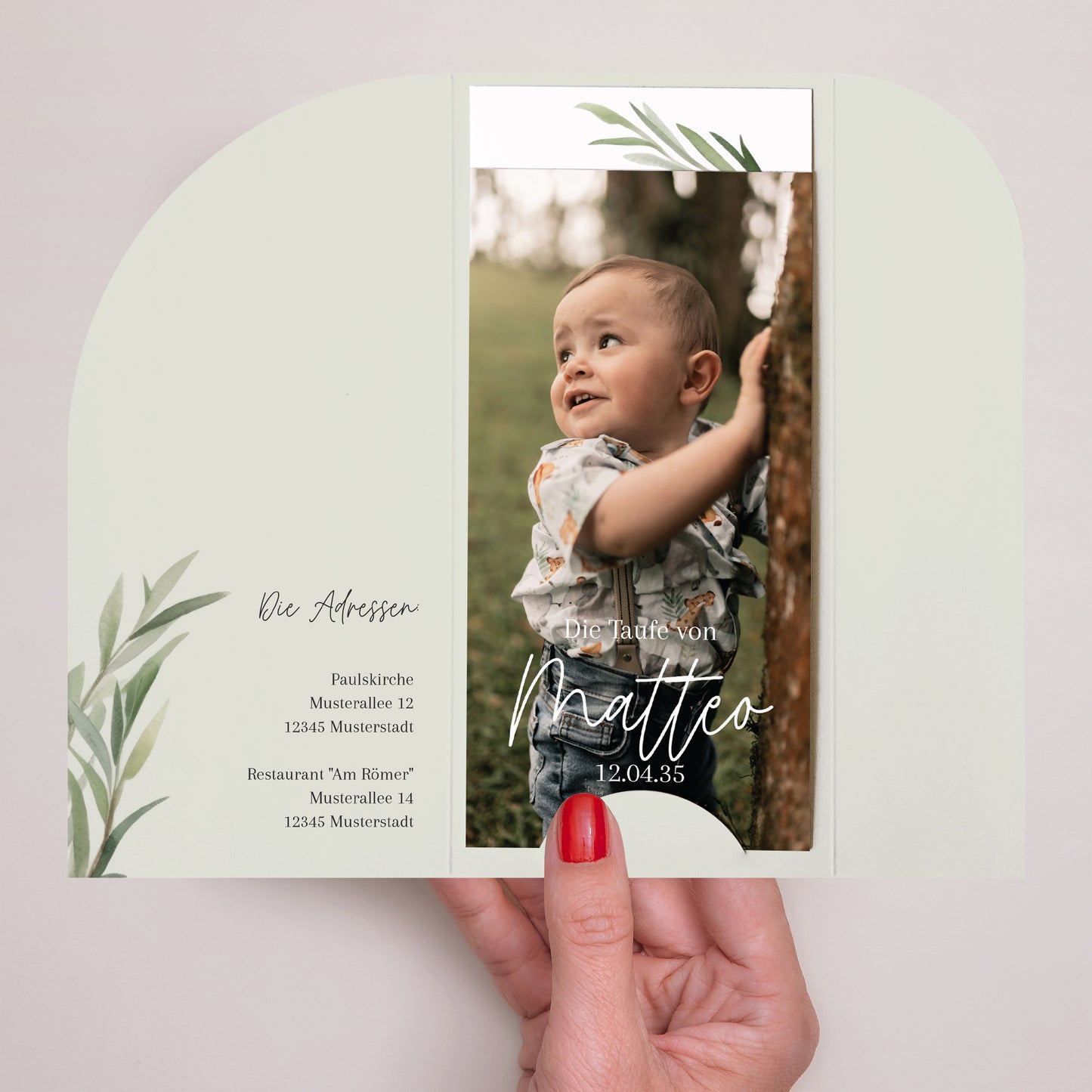 Taufeinladung Tasche, 2 Karten, runden Etikett Gesegnet unter dem Olivenbaum foto N° 2