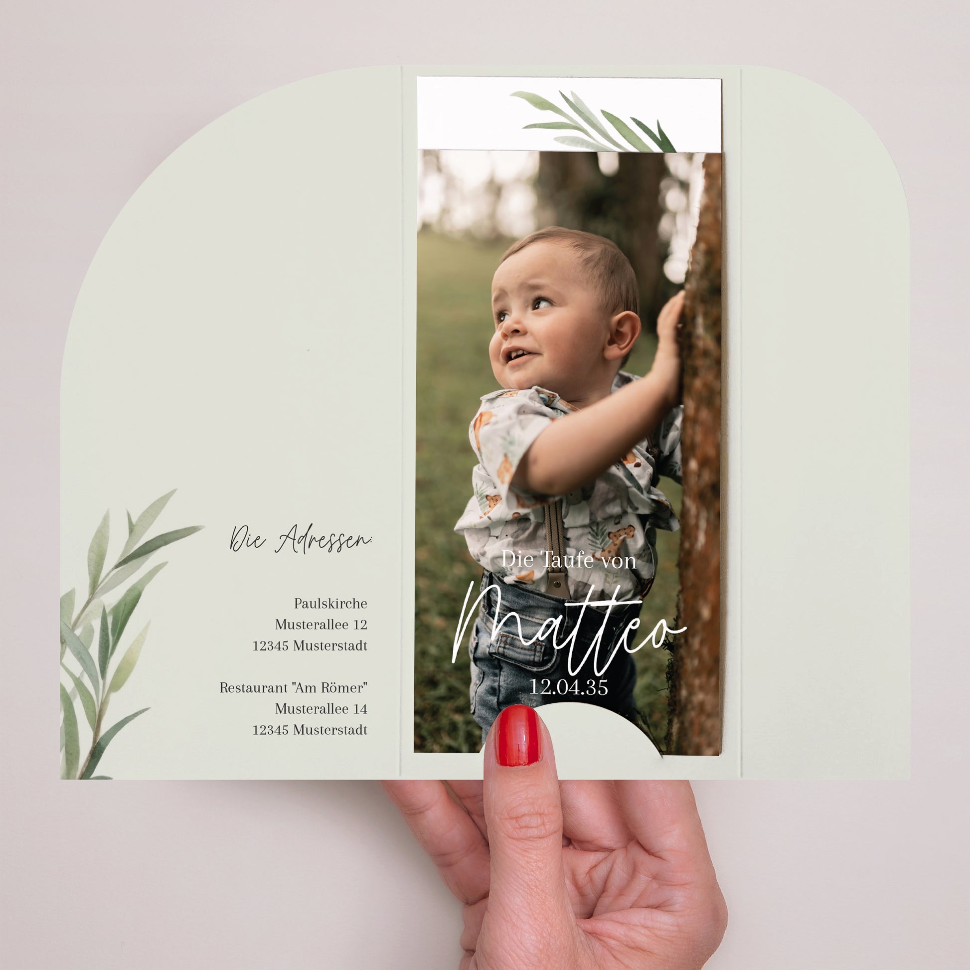 Taufeinladung Tasche, 2 Karten, runden Etikett Gesegnet unter dem Olivenbaum foto N° 2