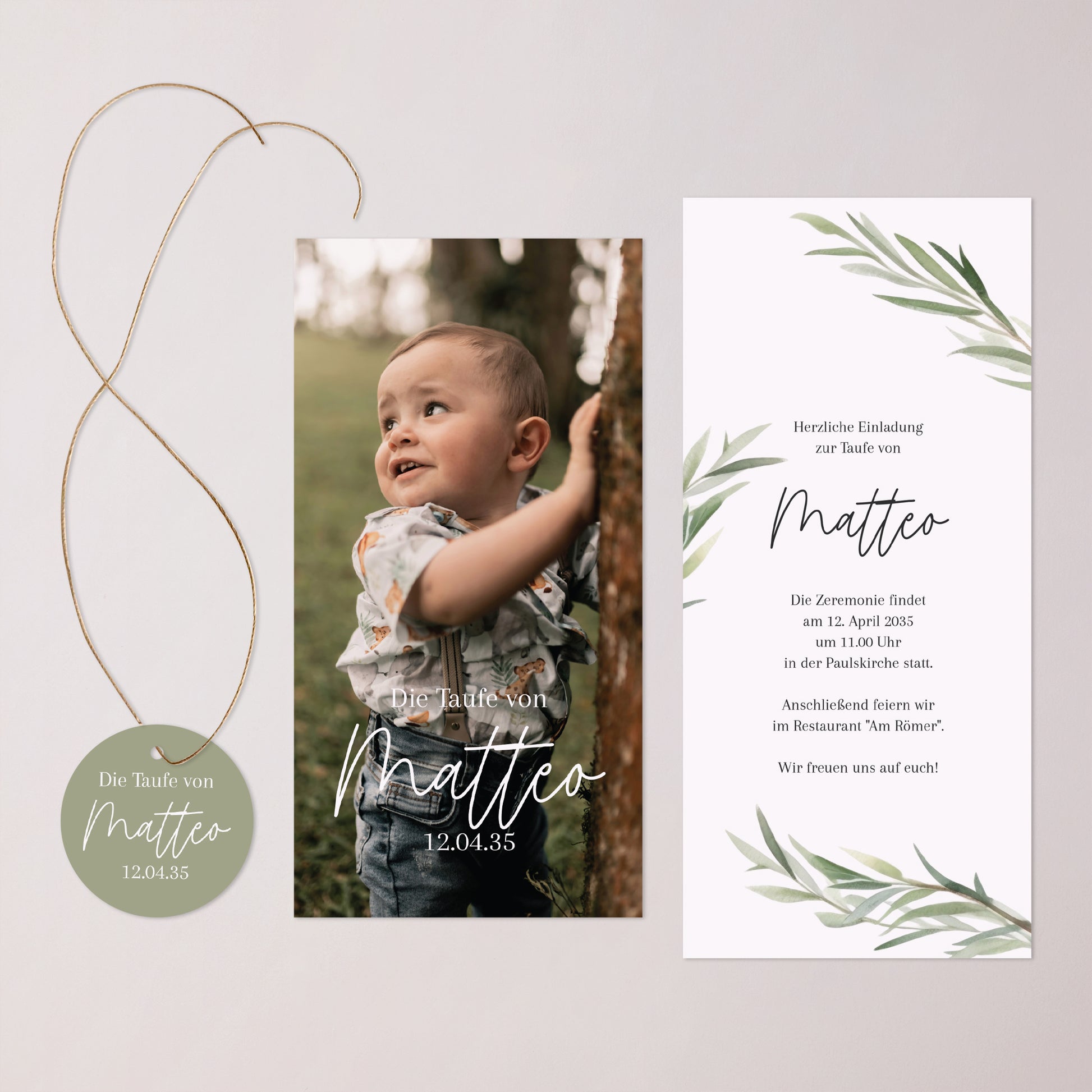 Taufeinladung Tasche, 2 Karten, runden Etikett Gesegnet unter dem Olivenbaum foto N° 3