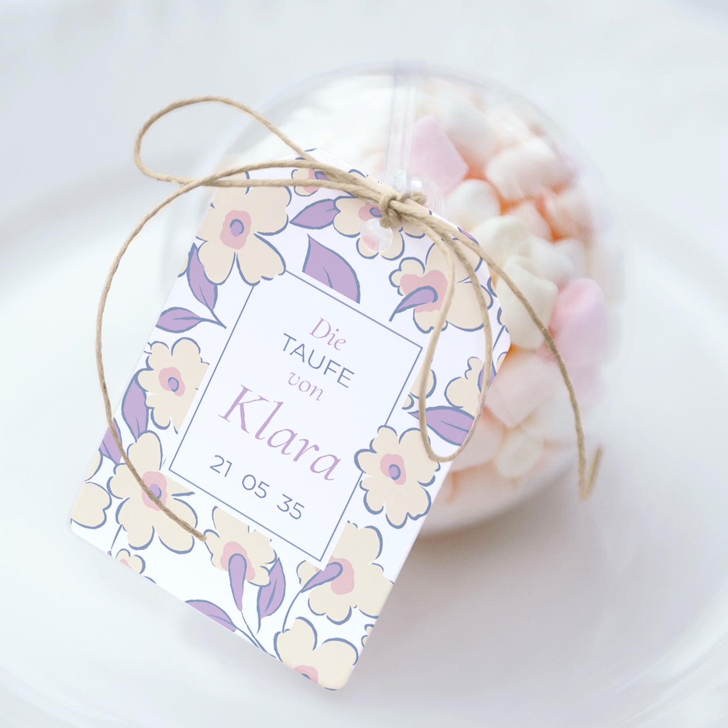 Geschenkbox Taufe Ball mit Wimpel-Etikett Sanfte Blüte foto N° 1