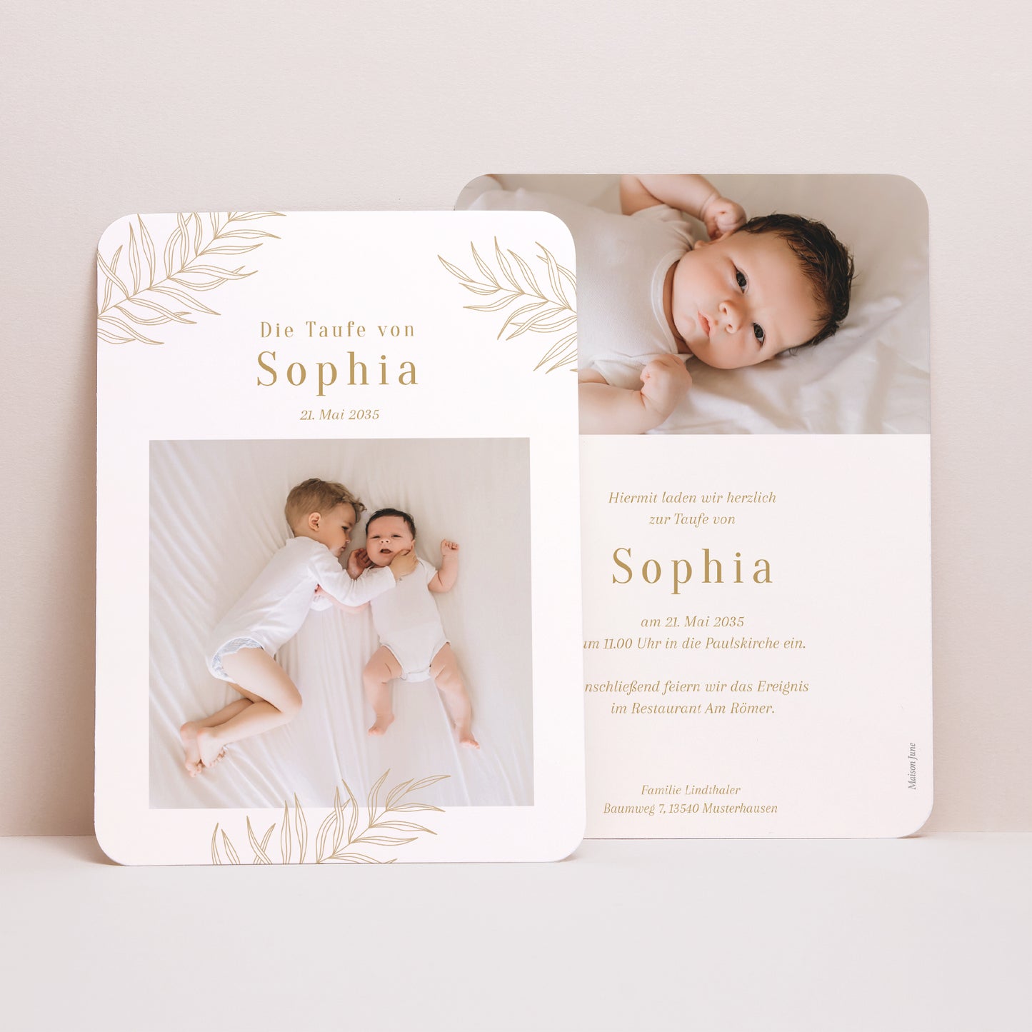 Einladung zur Taufe Portrait, abgerundete Ecken Palmen und Licht foto N° 1