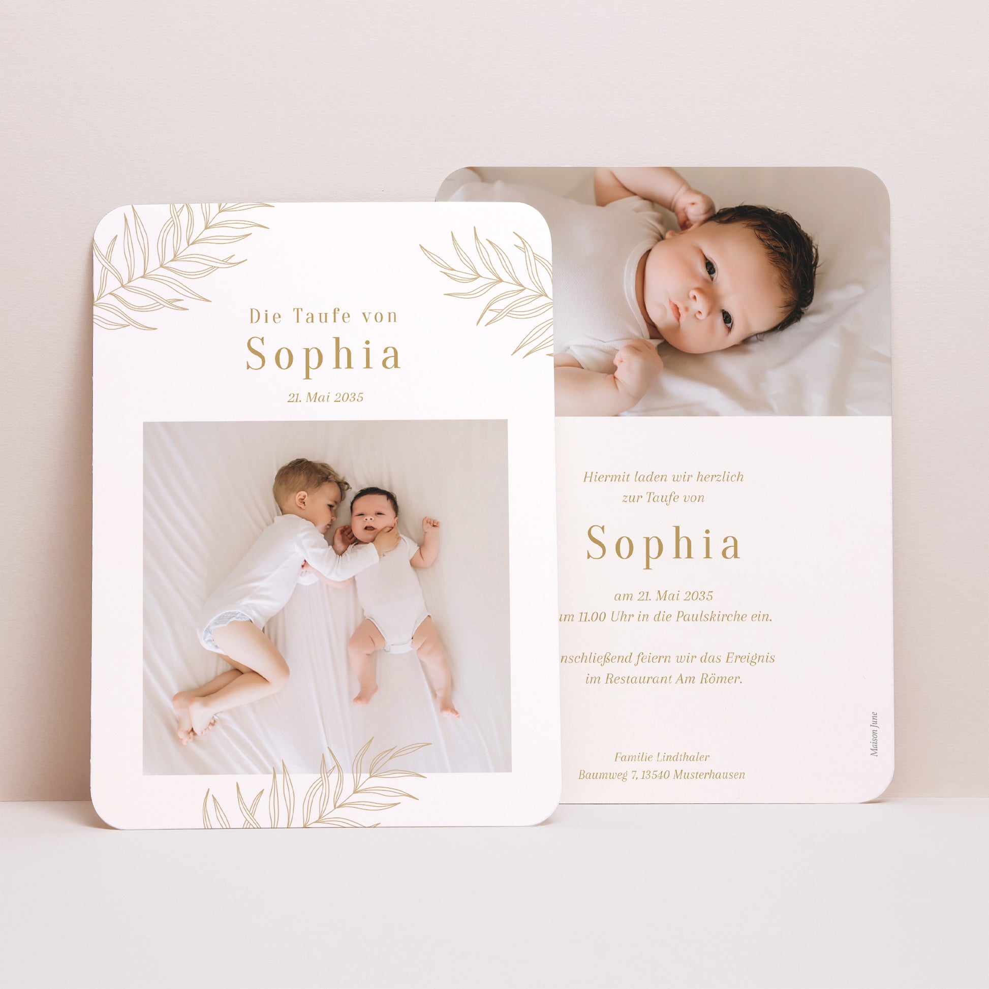 Einladung zur Taufe Portrait, abgerundete Ecken Palmen und Licht foto N° 1