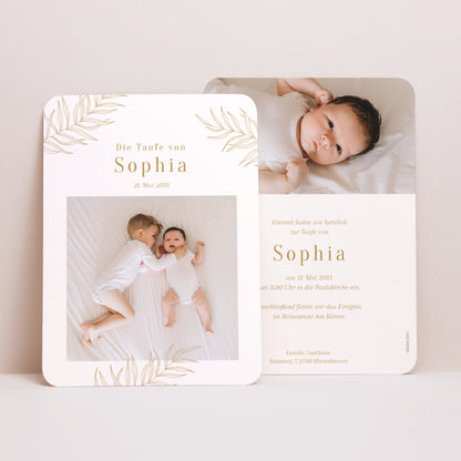 Einladung zur Taufe Portrait, abgerundete Ecken Palmen und Licht foto N° 1