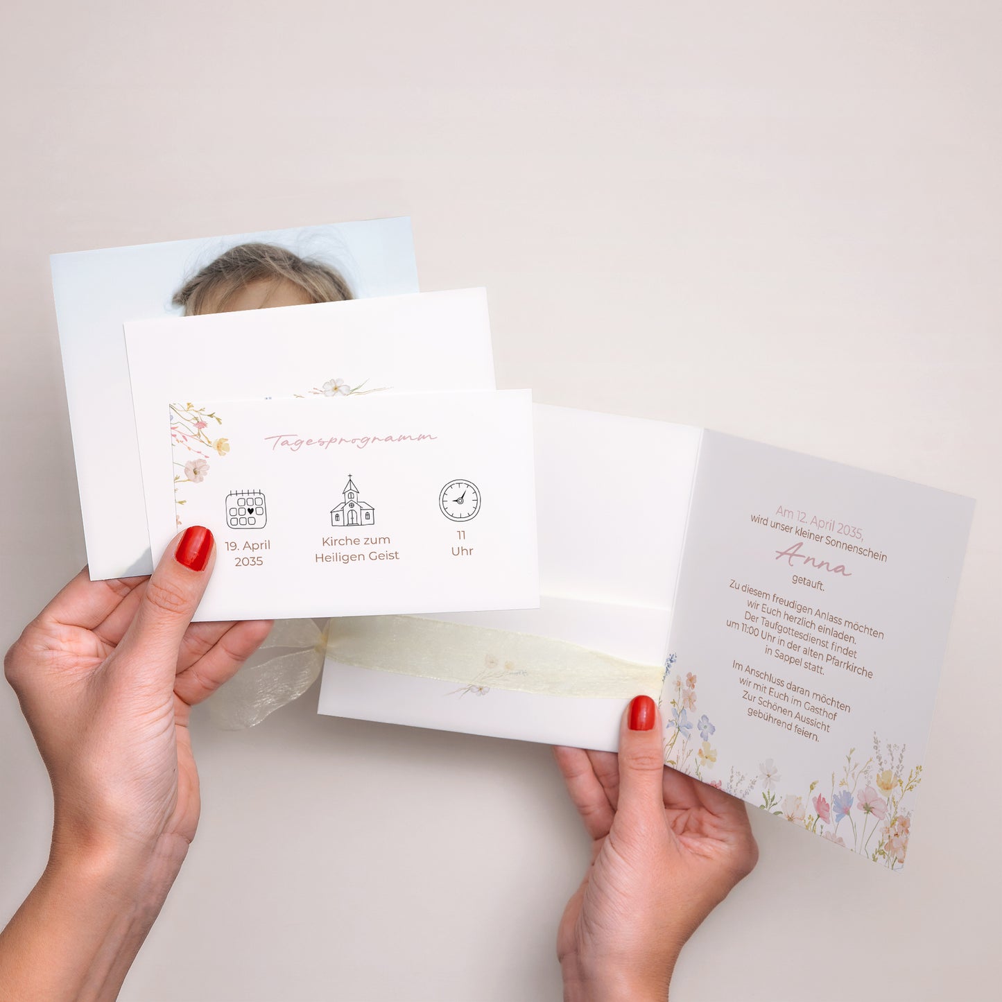 Taufeinladung Quadratische Hülle, 3 Karten, Etikett Frühlings-Taufe foto N° 3