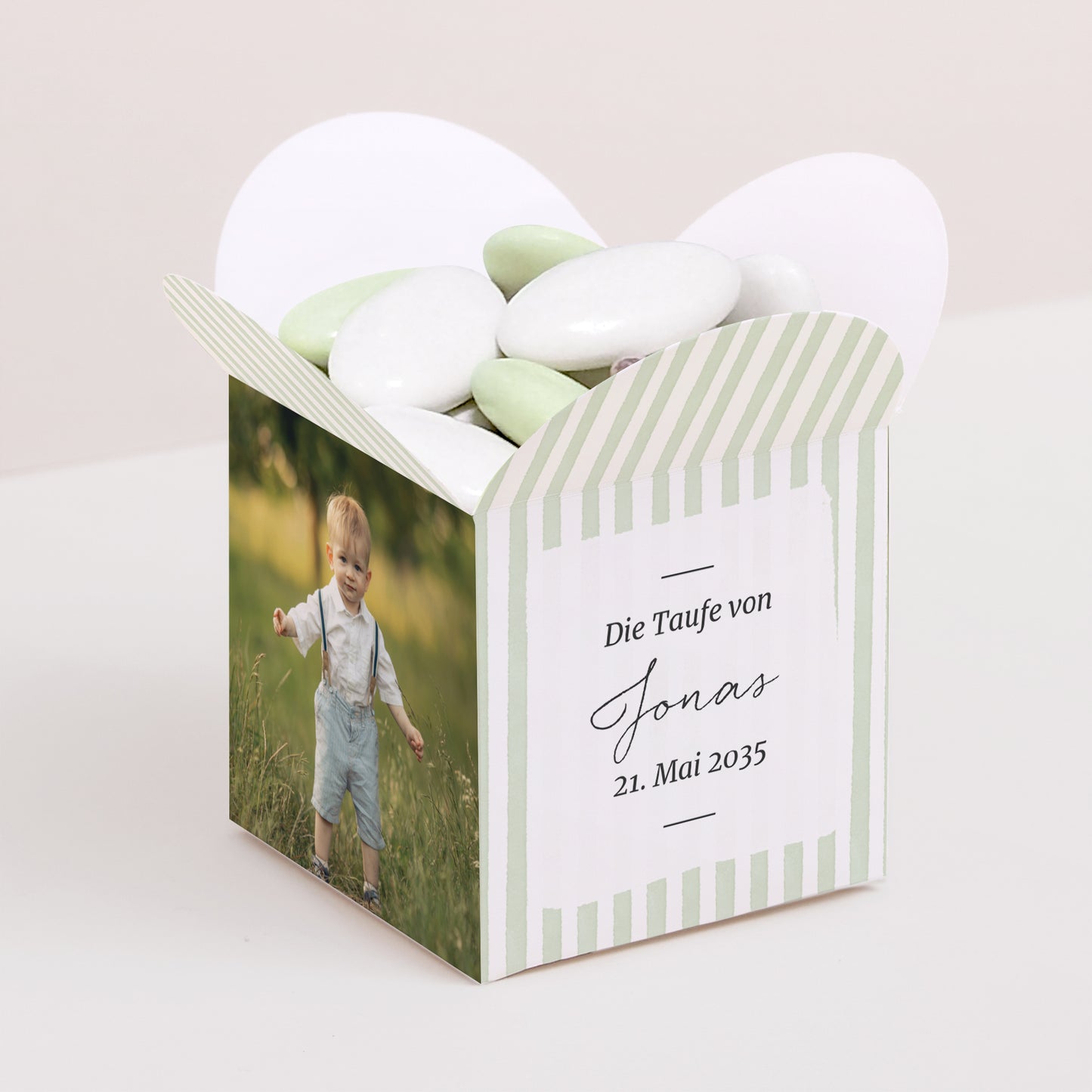 Geschenkbox Taufe Schmetterlingsöffnung Streifen des Hoffnung-Grün foto N° 1