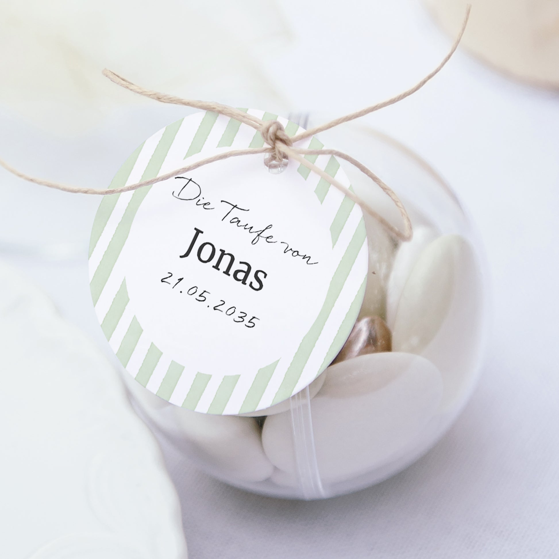 Geschenkbox Taufe Kugel mit runder Etikette Streifen des Hoffnung-Grün foto N° 1