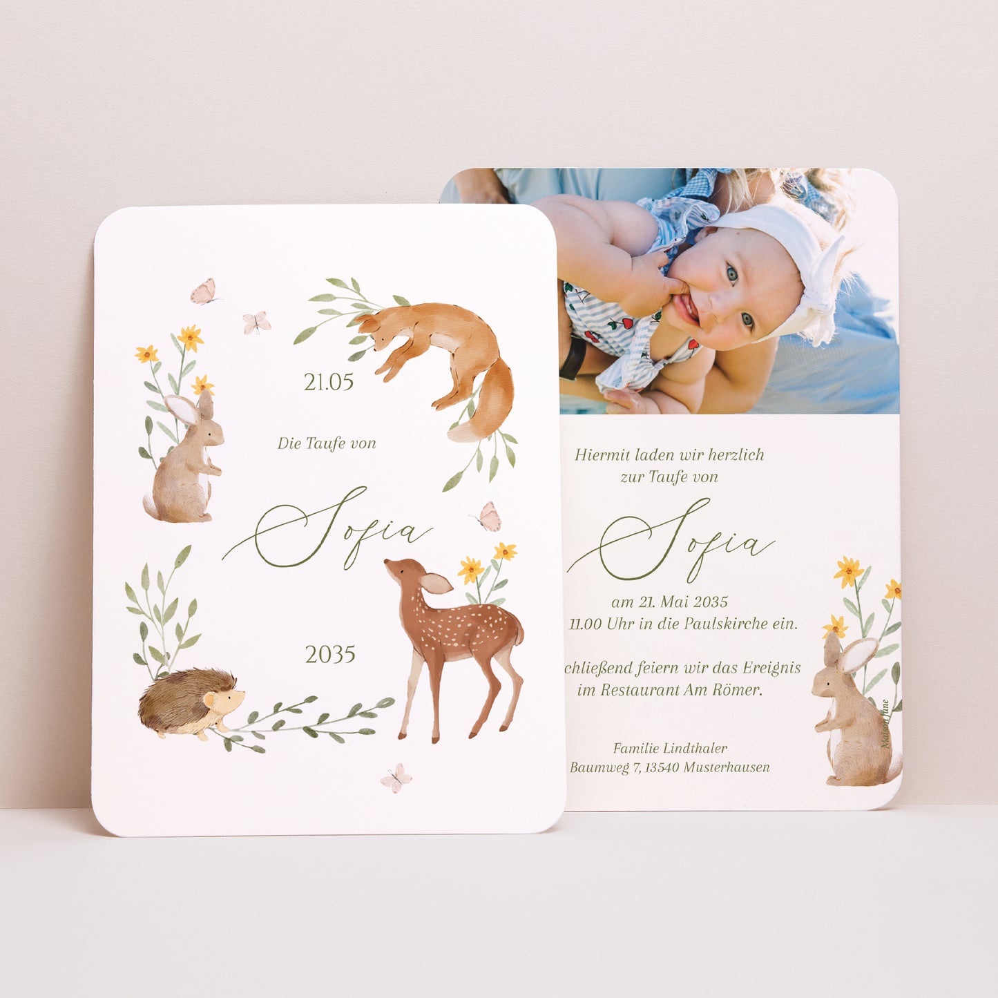 Taufeinladung Porträt, abgerundete Kanten Die Taufe im Wald foto N° 1