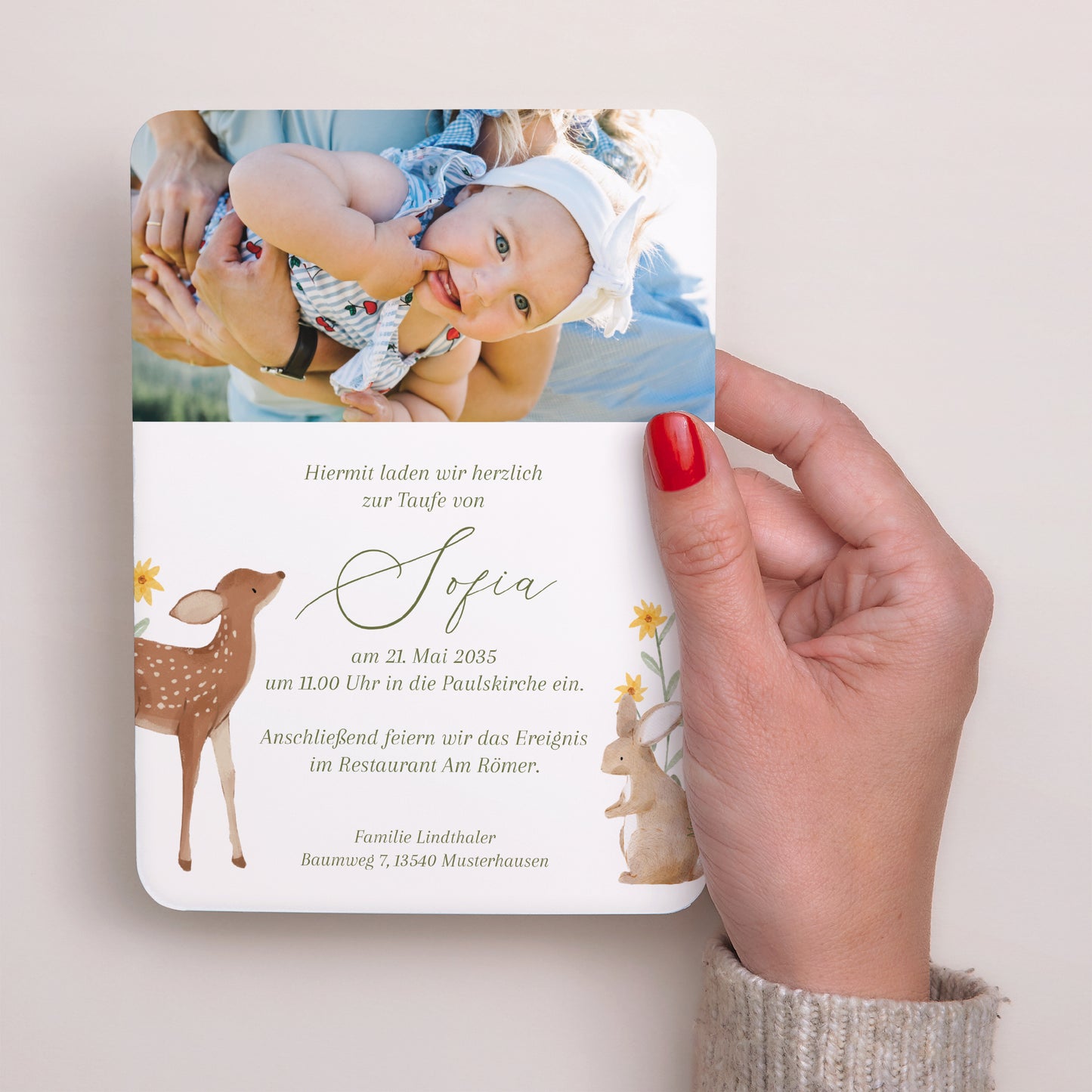 Taufeinladung Porträt, abgerundete Kanten Die Taufe im Wald foto N° 3