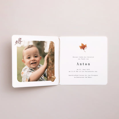 Taufeinladung Doppel-Quadrateinschlag, abgerundete Ecken, runde Etikette foto N° 2