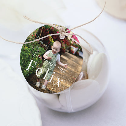 Geschenkbox Taufe Kugel mit runder Etikette Heiliger Schnappschuss foto N° 1