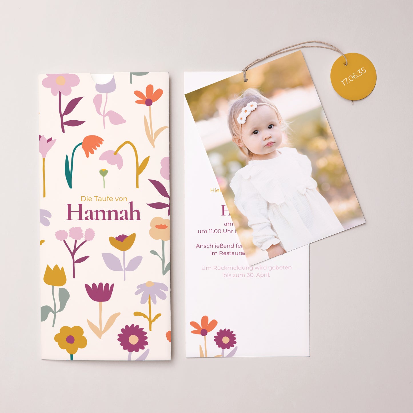 Taufeinladung Portrait-Hülle 2 Karten, Etikett Knospen der Freude foto N° 3