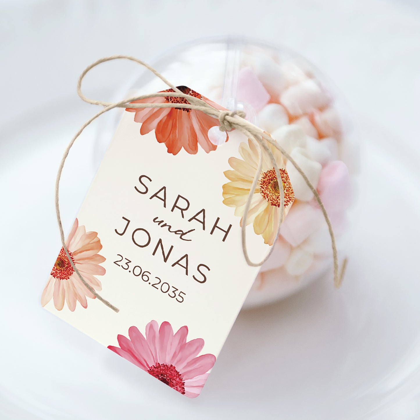 Geschenkbox Hochzeit Ball mit Wimpel-Etikett Blütenflocken foto N° 1