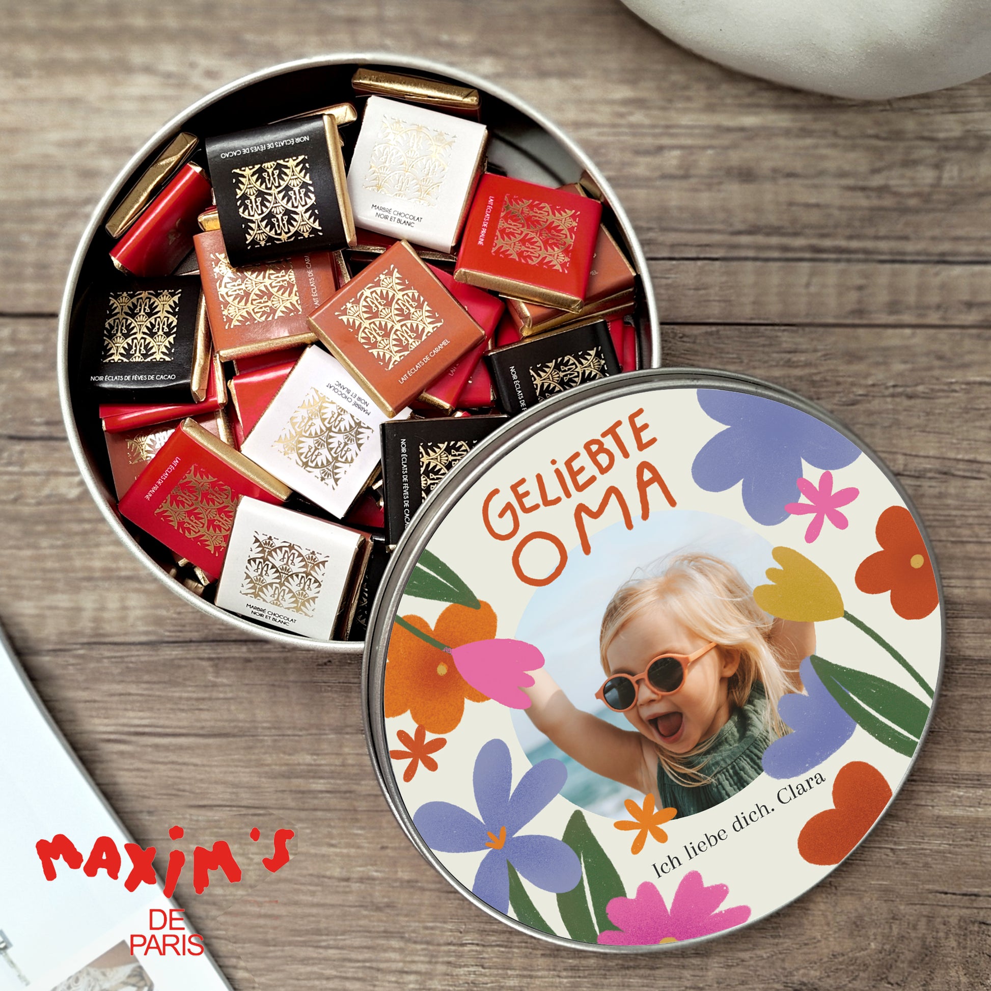 Metalldose Objekte runde, mit Schokolade gefüllt Oma in Gold foto N° 1