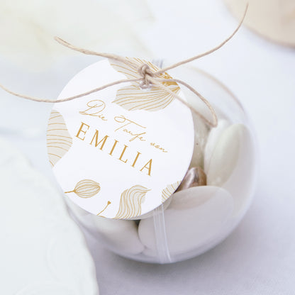 Geschenkbox Taufe Kugel mit runder Etikette Schnipsel des Heiligen Gartens foto N° 1