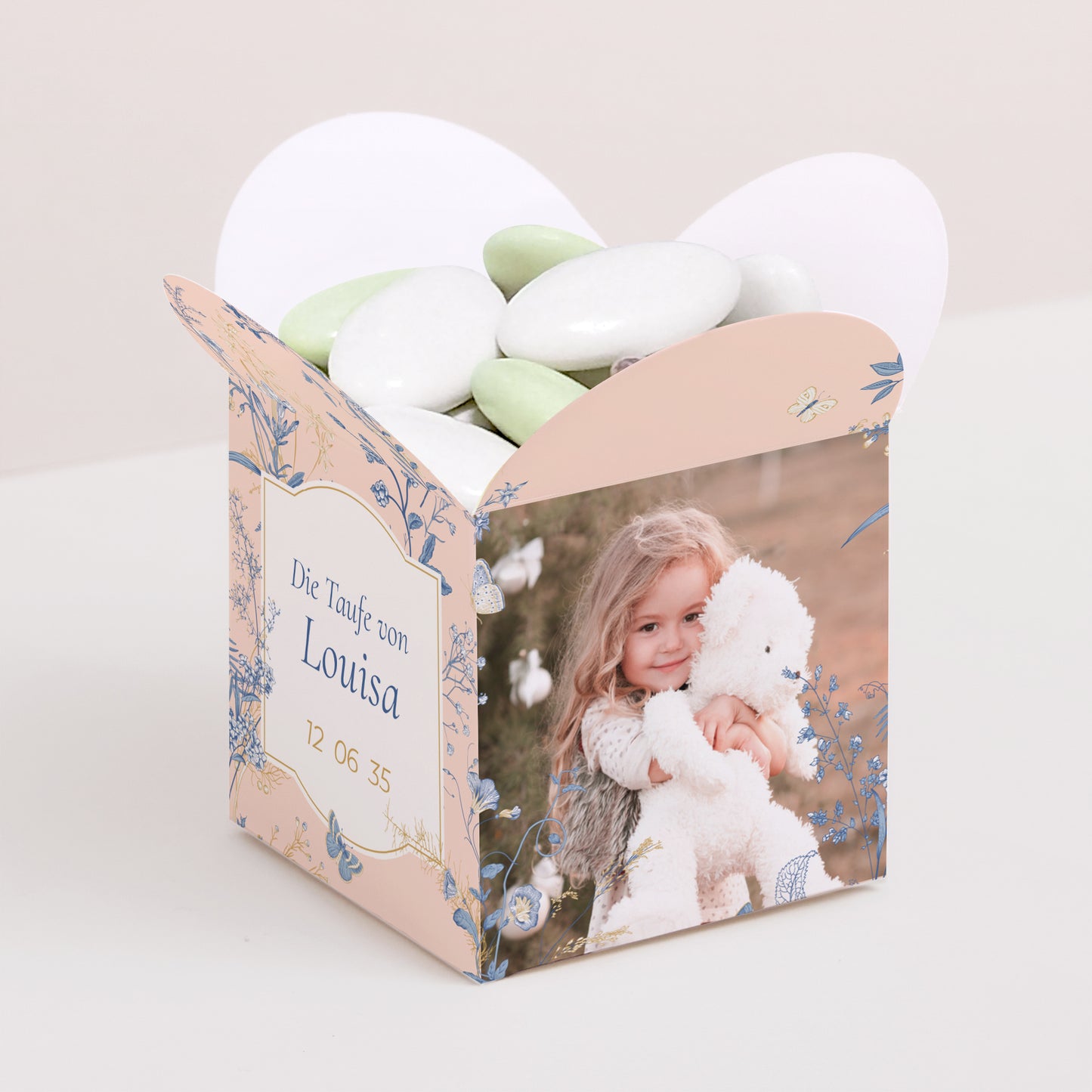 Geschenkbox Taufe Schmetterlingsöffnung Ein blühender Moment foto N° 1