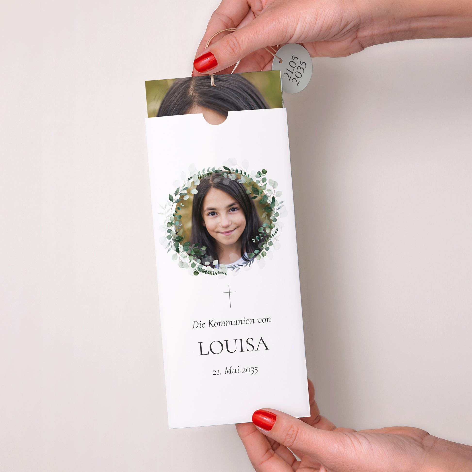 Einladungskarte Kommunion Portrait-Hülle 2 Karten, Etikett Lichtweg foto N° 2