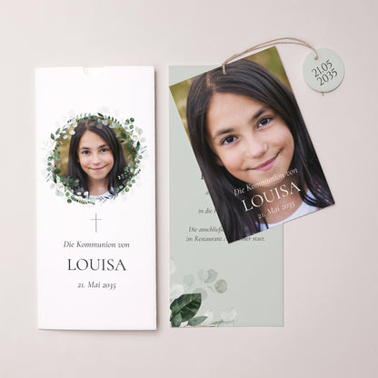 Einladungskarte Kommunion Portrait-Hülle 2 Karten, Etikett Lichtweg foto N° 3