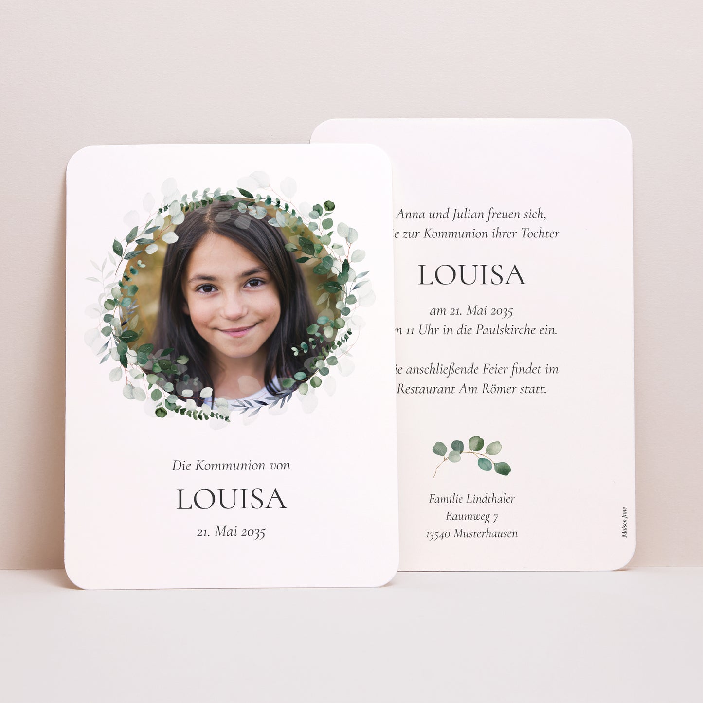 Einladungskarte Kommunion Porträt, abgerundete Kanten Lichtweg foto N° 1