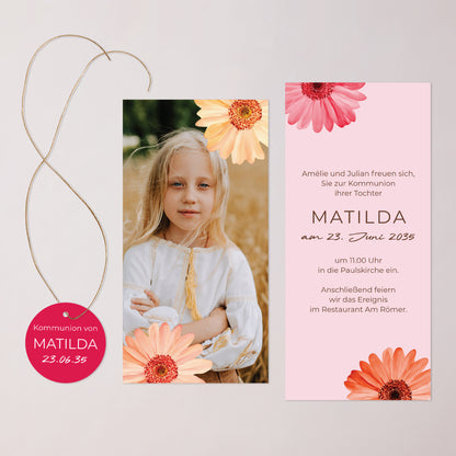 Einladungskarte Kommunion Tasche, 2 Karten, runden Etikett Lichtblüten foto N° 3